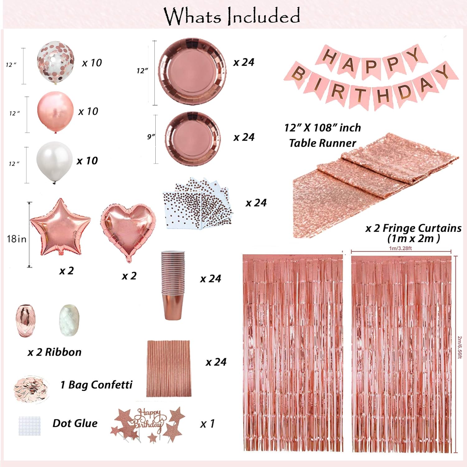 Rose Gold Birthday Party Decorations, Rose Gold Party Decorations Set for Girls Or Women, Happy Birthday Banner, Curtains, Table Runner, Balloons, Plates, Cups, Tissue for 24 Guest by JSN Party: Health & Personal Care