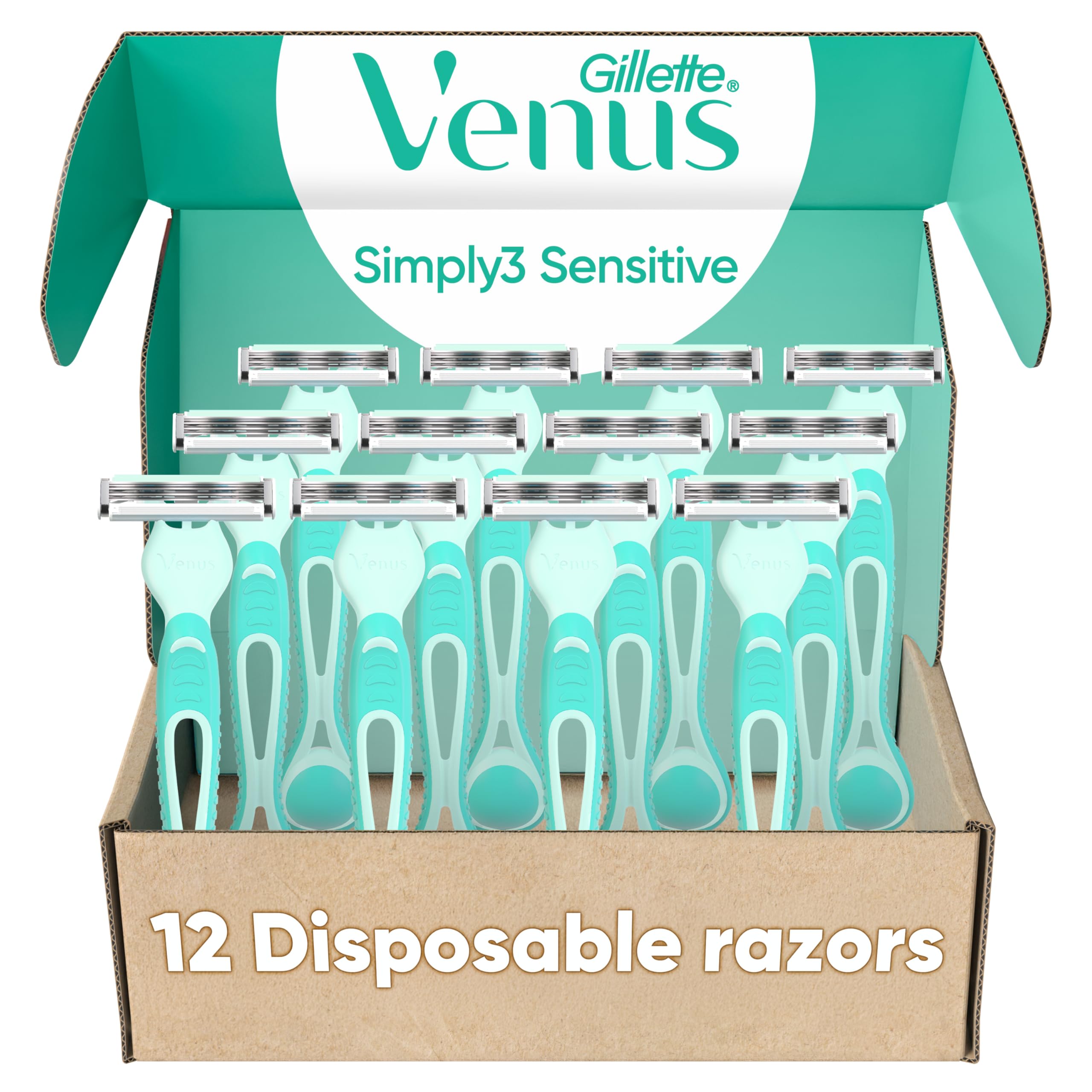 Photo 1 of Gillette Venus Simply 3 Sensitive Disposable Razors, Sensitive Skin, 3 Bladed Razors, Pivoting Head for Incredible Comfort, Soft Grip Handle, 12 Count