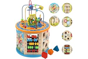 BOXIKI KIDS 8-in-1 Wooden Activity Cube for Toddlers - Multi-Functional Learning Toy with Bead Maze, Shape Sorter, Abacus, Clock, Gears, and Board Game - Fun Educational Toy for Kids Ages 1-5