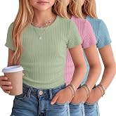 LessonZoo 3 Pack Girls Ribbed T-Shirts | Short Sleeve, Soft, Slim Fit, Crewneck, Athletic, Stretchy, Basic Tee, Summer, Kids 5-14 Years