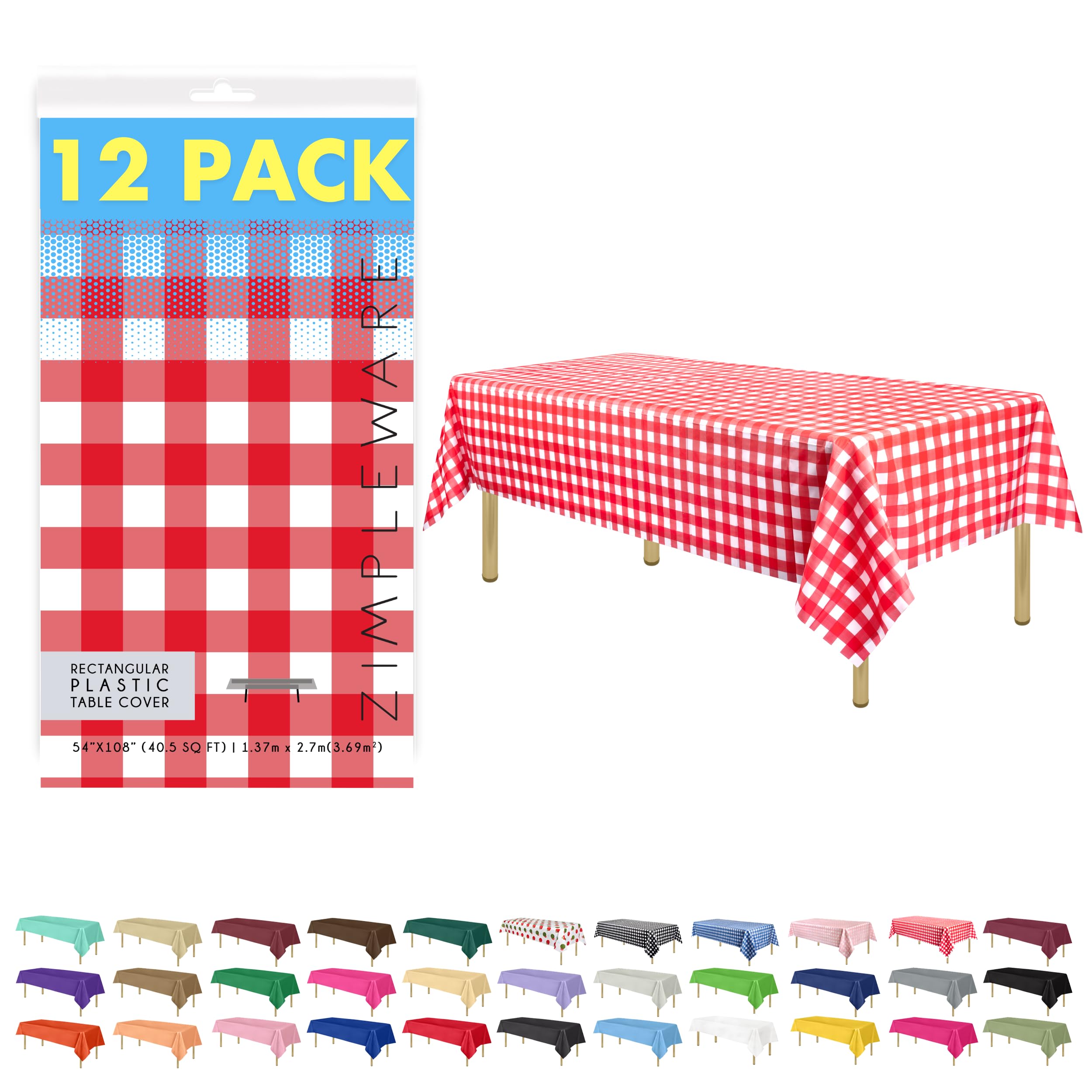 ZIMPLEWARE Premium Red Gingham Checkered Plastic Table Cloth Disposable (12 Pk) Plastic Tablecloths for Rectangle Tables (54in x 108in) Party Table Cloths Disposable for 6ft to 8ft Rectangle Tables