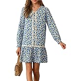 DERAX Womens Boho Floral Long Sleeve Mini Dress Botton Down Flowy Babydoll 2026 Spring Short Dresses