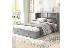 Mjkone Queen Size Murphy Bed Cabinet with 2 Large Drawers, Chest Bed with Foam Mattress, Cabinet Bed with USB Charging Station, Folding Bed Space-Saving for Apartment/Living Room/Bedroom (Gray)