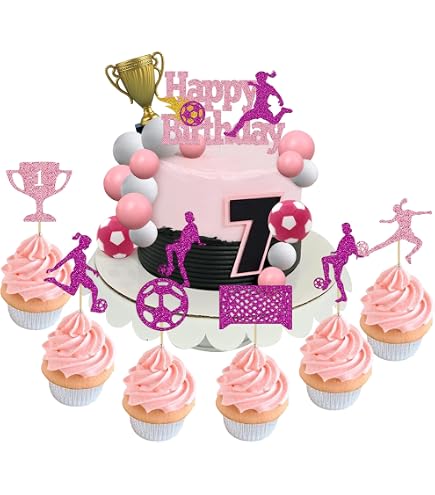 Glitter Pink Soccer Cake Toppers - Football Girl Theme Cupcake Picks For Party Decorations