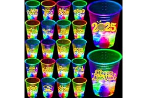 mishunyus 40PCS 2025 Glowing Happy New Year Party Cups Glow in the Dark Flashing 12 Designs Theme Plastic Cups Outdoor Indoor NYE Party Supplies Decoration Weddings,BBQ,Beach,Holidays