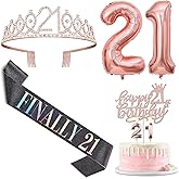 21st Birthday Decorations for Her with Black Finally 21 Birthday Sash and Tiara, Cake Topper and Candles, Number Balloons Rose Gold, 21 Year Old Gifts for Her