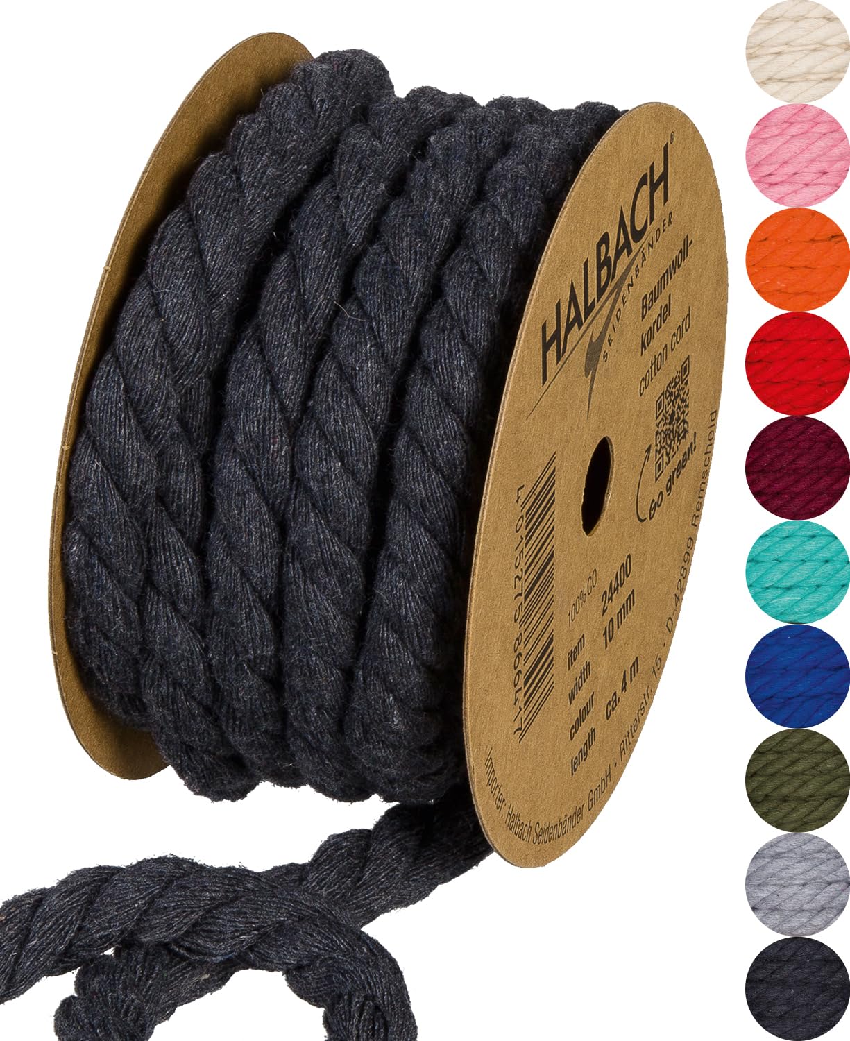 Halbach Seidenbänder Recycled cotton cord, width: 10 mm, length: 4 m, sustainable cotton yarn for macrame, natural cord for crafts, colour: dark grey