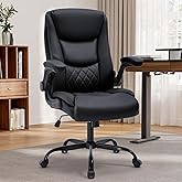 Office Chair, Executive Leather Office Chair with Lumbar Support & Flip-up Armrests, Ergonomic Adjustable High Back Swivel Chair with Rocking Function (Black)