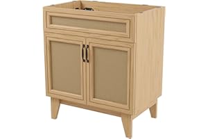 JONATHAN Y VAN1010A Javer 30 in. W x 18 in. D x 33 in. H Rattan Modern Farmhouse 2-Shelf Bath Vanity Cabinet Only (Sink Basin not Included), Oak
