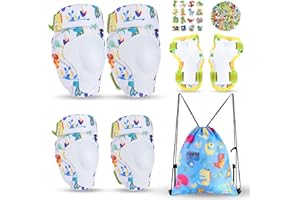 GINGILI LIFE Boys Knee Pads Kids Dinosaur Knee Elbow Pads Wrist Guards with Drawstring Bag Adjustable Protective Gear Set for Boys Roller Skating Bike Scooter Dino Stickers