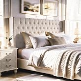 Furpopup Linen Queen Size Headboard Only, Wingback Wall Mount, Ivory | 2 ways to use:Wall-mounted (for adjustable bed) and bed frame mounted, Easy to assemble, High-end button and rivet design