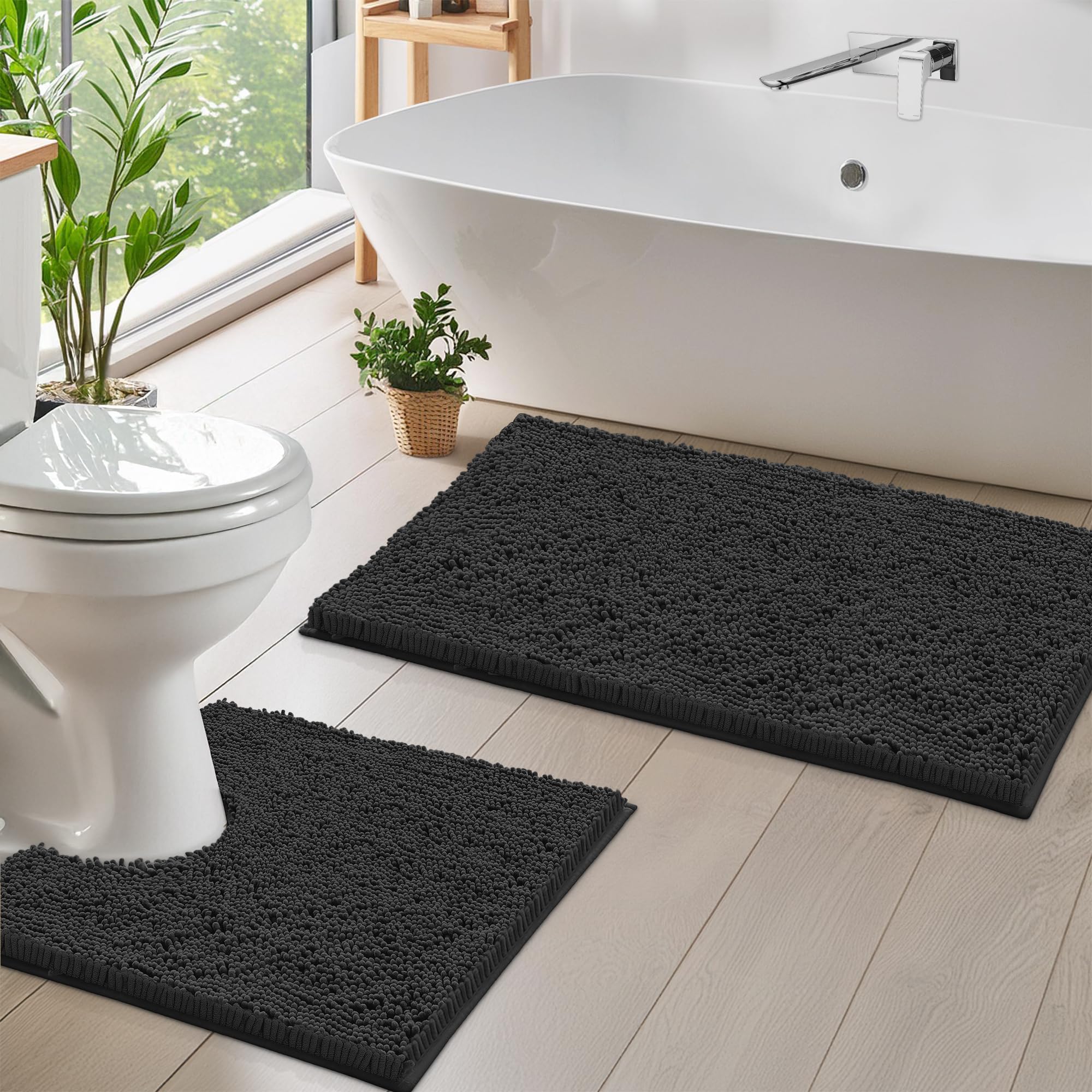 LuxUrux Luxury Chenille (2-Piece) Bath Mat Set, Soft Plush Anti-Slip Rug + Toilet Mat.1'' Microfiber Shaggy Carpet, Super Absorbent (Black, 80 x 50 cm + U Shaped 50 x 50 cm) — image 1