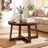 GIANTEX Round Coffee Table, 30" Wood Center Table for Living Room, Walnut | Cross-Shaped Pine Wood Frame, Thickened Tabletop, 220 lbs Capacity, Modern Living Room Table for Small Spaces