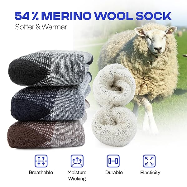 COOLMATE MERINO WOOL HIKING SOCKS FOR MEN – PACK OF 3 SUPER THICK WARM WINTER THERMAL CREW SOCKS WITH ARCH SUPPORT & BLISTER-FREE, GREY-BLACK, L