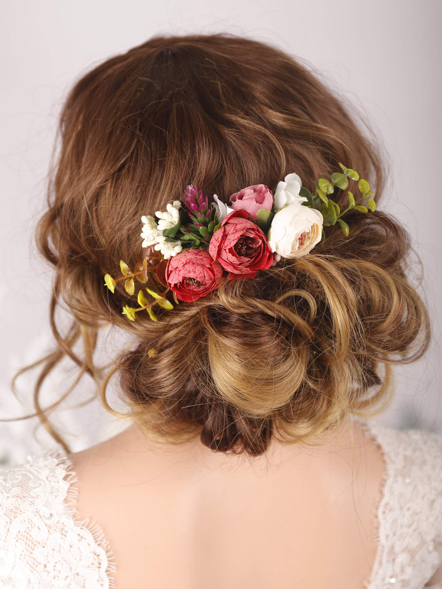 Kercisbeauty Handmade Boho Hair Comb for Brides Fake Floral Red Flower Hair Accessories Garden Wedding Hair Piece Prom Evening Party Headpiece for Women Teen Girls