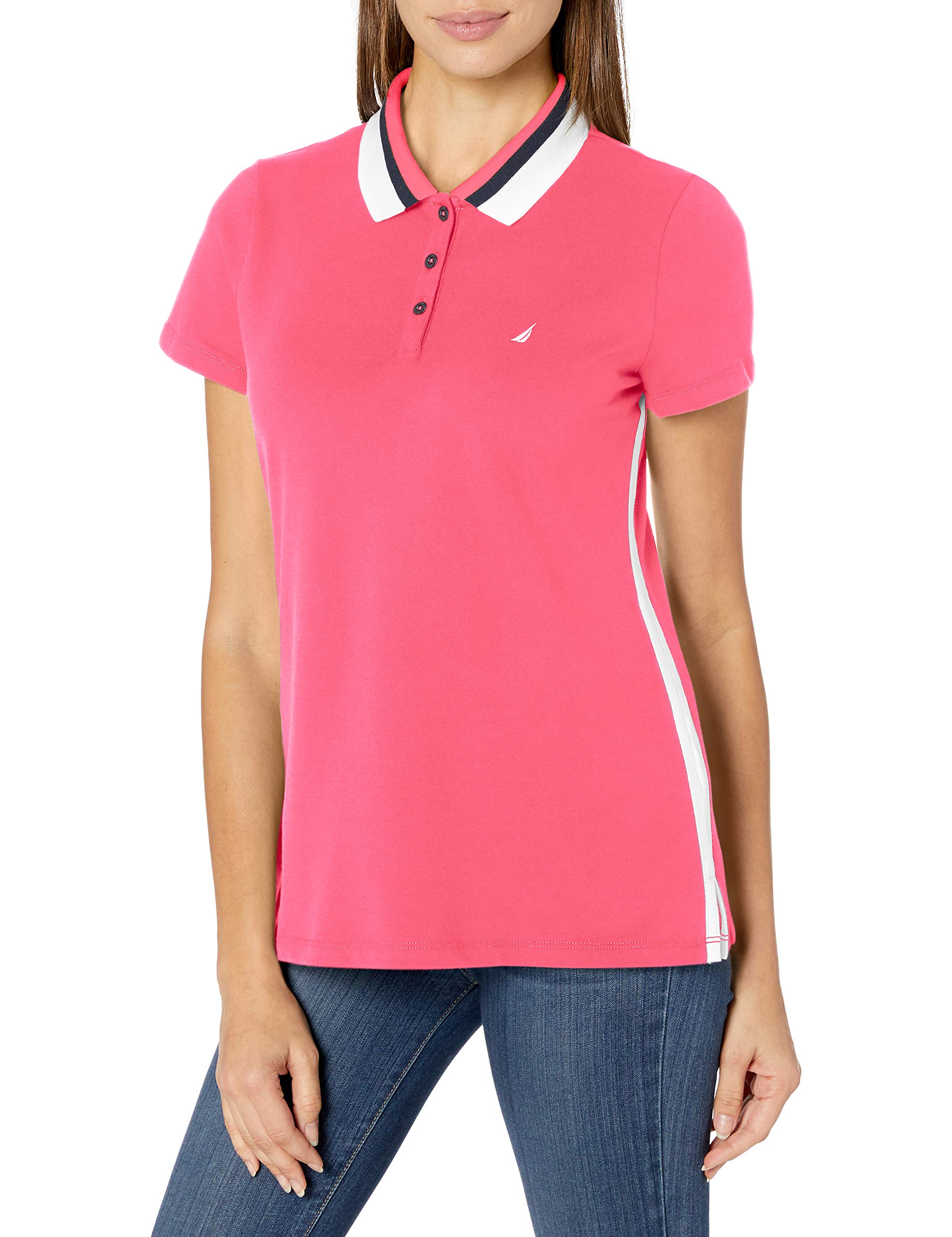 Nautica Women's Classic Fit Striped VNeck Collar Stretch Cotton Polo