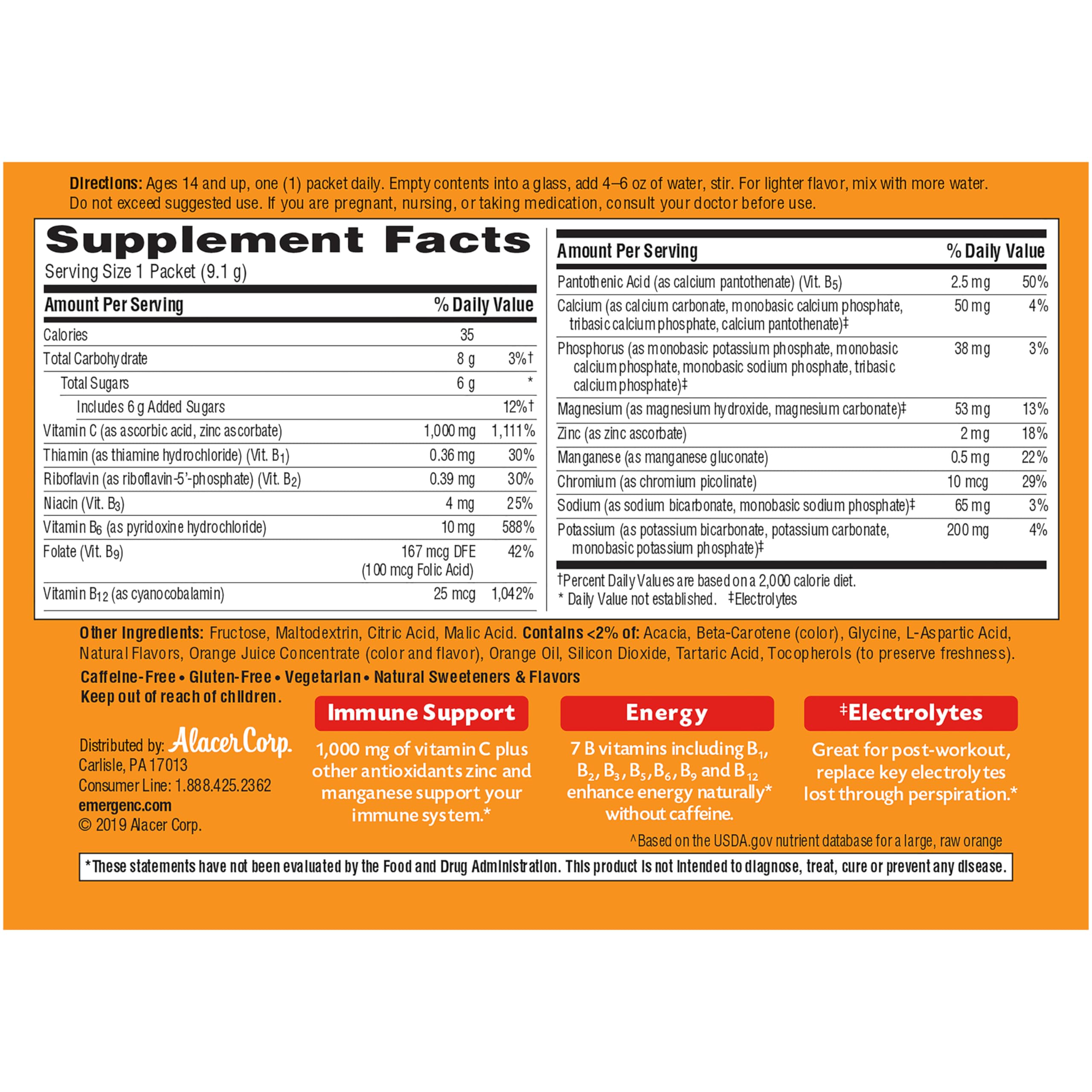 Emergen-C 1000mg Vitamin C Powder for Daily Immune Support Caffeine Free Vitamin C Supplements with Zinc and Manganese, B Vitamins and Electrolytes, Super Orange Flavor - 90 Count/3 Month Supply