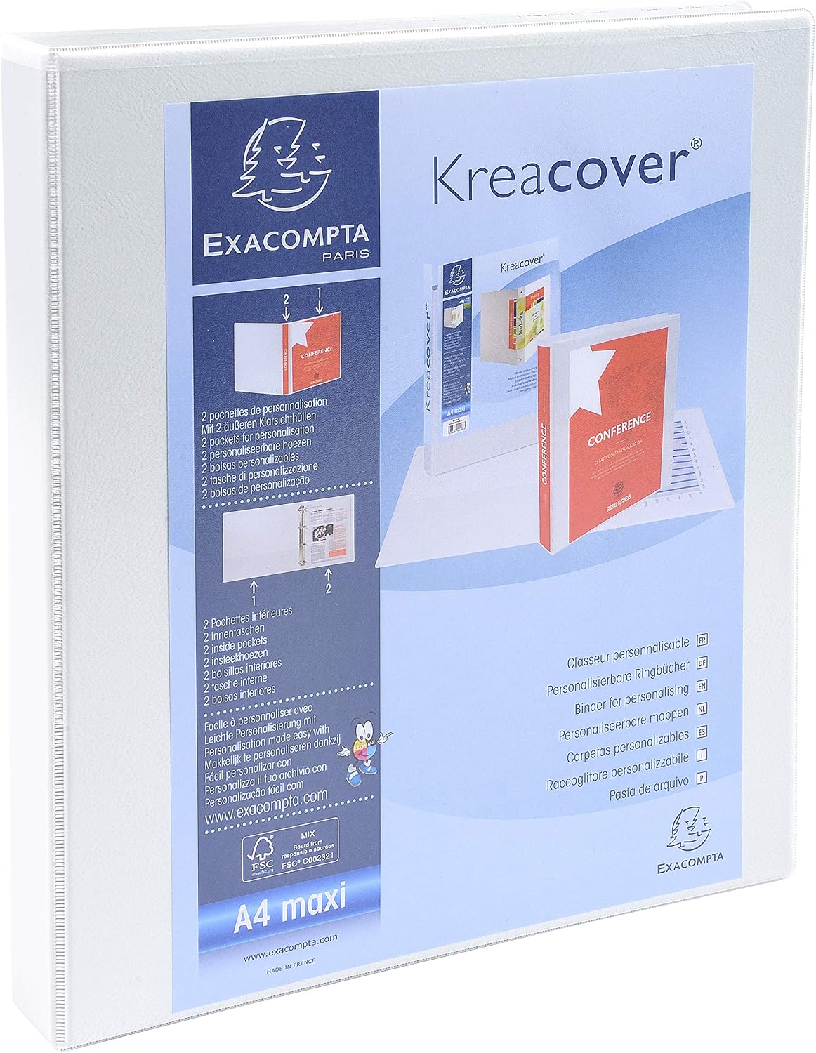 Exacompta, ref. 54940E, 1 customizable rigid opaque binder with 2 pockets, 2 D-rings of 16 mm, Spine 38 mm