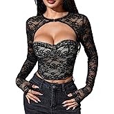 MakeMeChic Women's Y2K Floral Lace T Shirt Crop Tops Cut Out Long Sleeve Fitted Bustier Tee