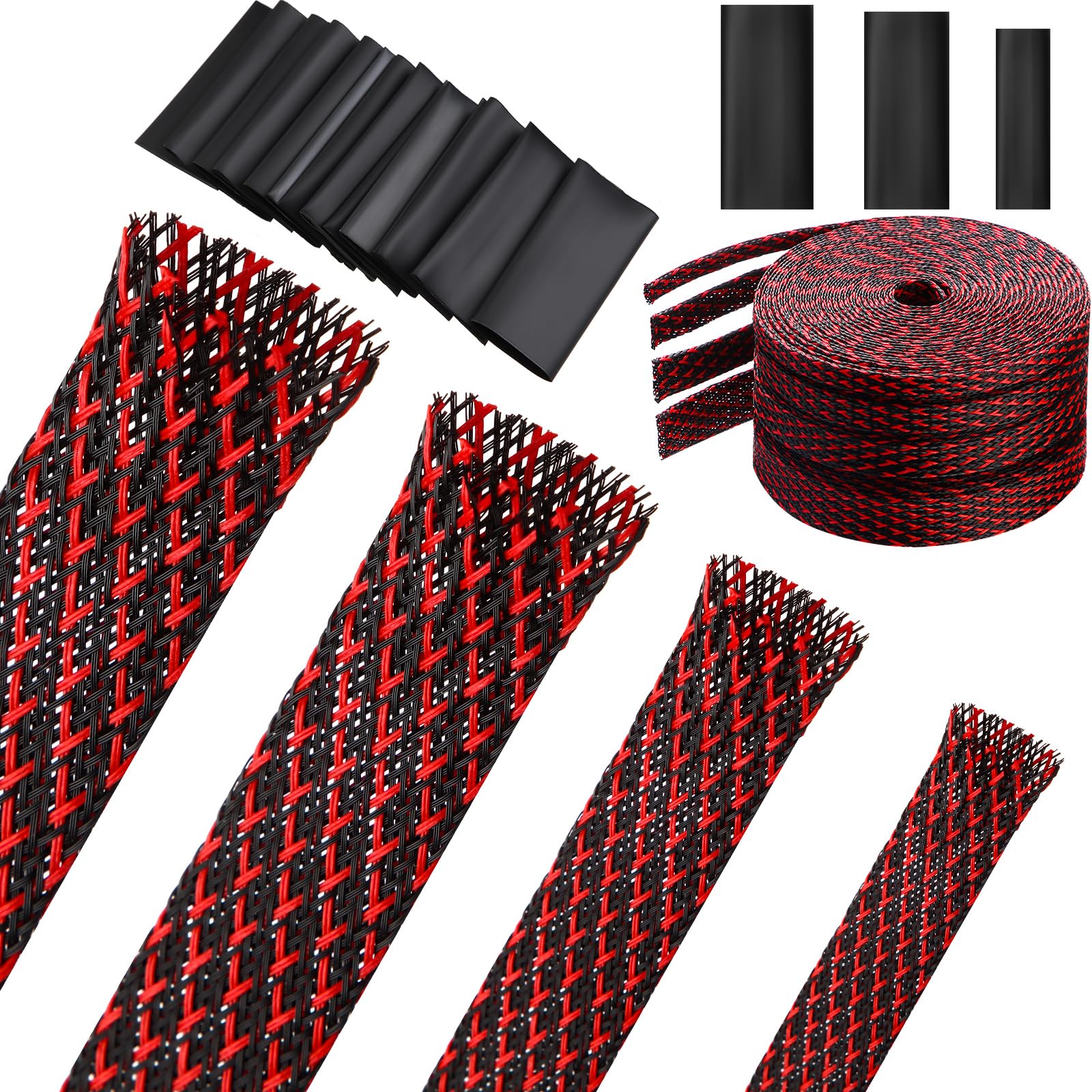 Photo 1 of Tatuo 65.6 ft Expandable Braided Cable Sleeve Multi Size Braided Wire Sleeve with 120 Pcs Heat Shrink Tubing for Television Audio Computer Cables Video Pets,1/4 in,2/5 in,1/2 in,3/4 in(Red, Black)