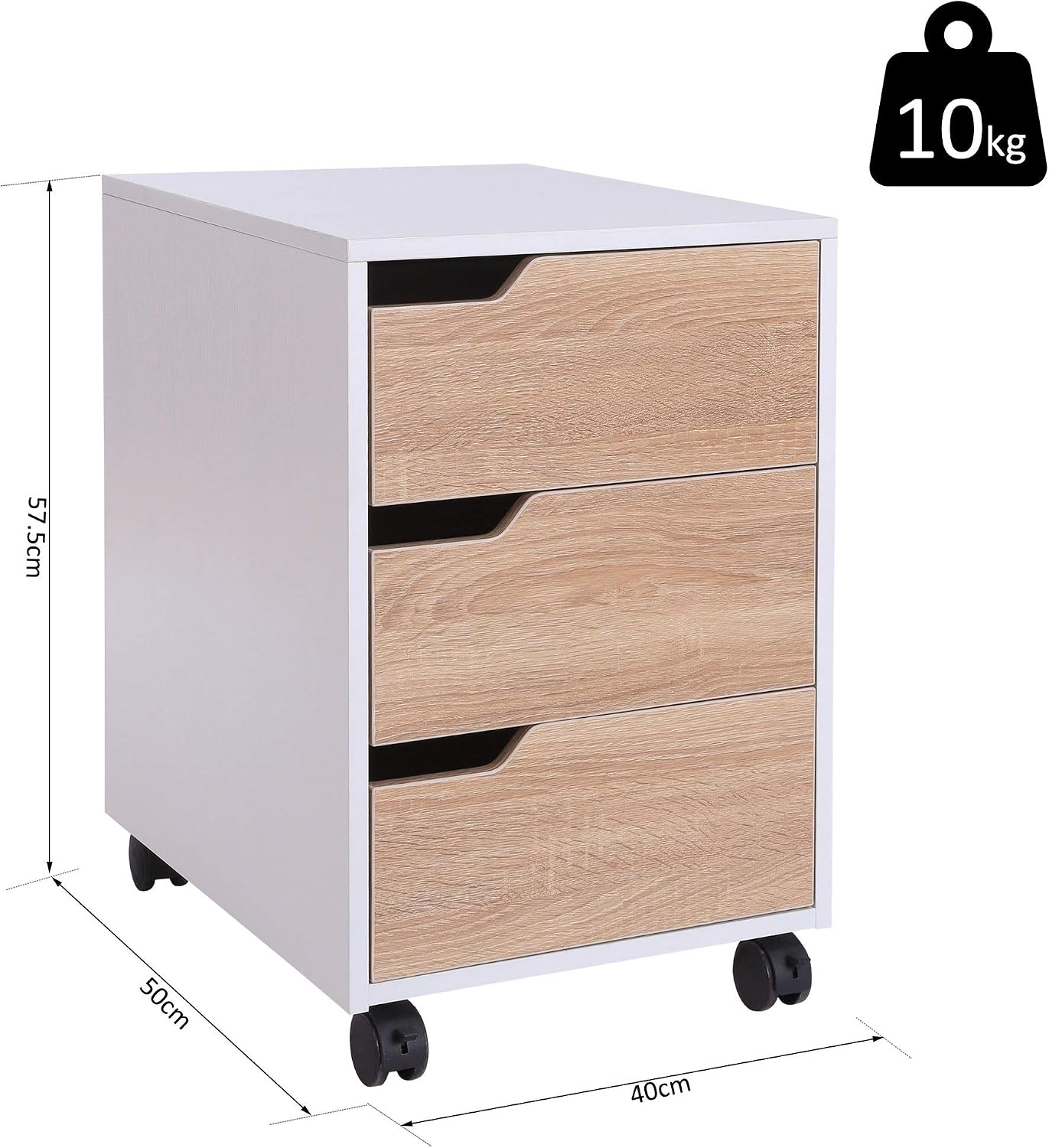 HOMCOM 3 Drawer Mobile File Cabinet, Vertical Filing Cabinet with Wheels for Home Office Oak, 40 x 50 cm - Image 3