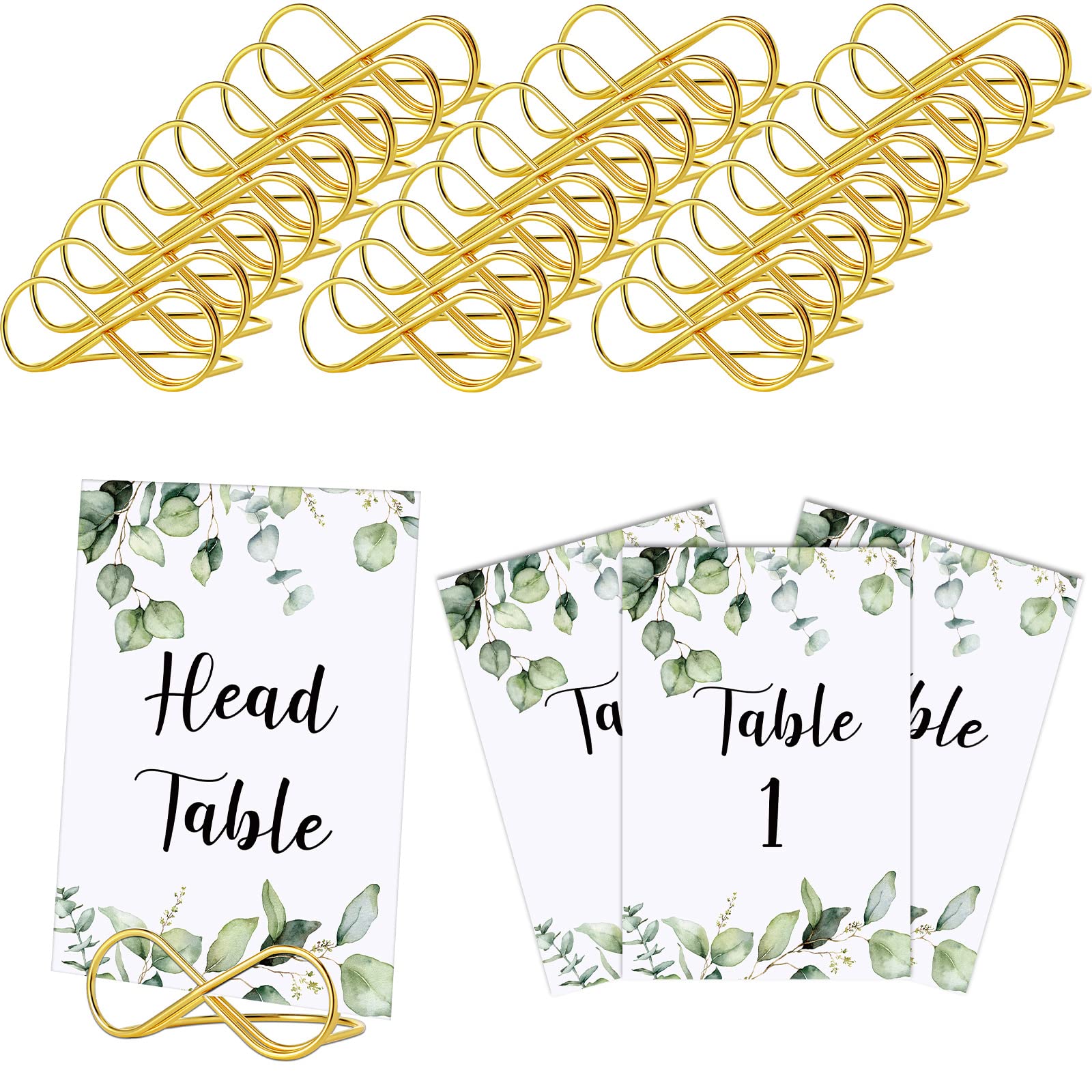 Photo 1 of Marspark 26 Pieces Wedding Table Numbers with 26 Gold Table Holders Greenery Eucalyptus Wedding Reception Number Cards with Head Gold Seating Label for Anniversary Birthday Bridal Party