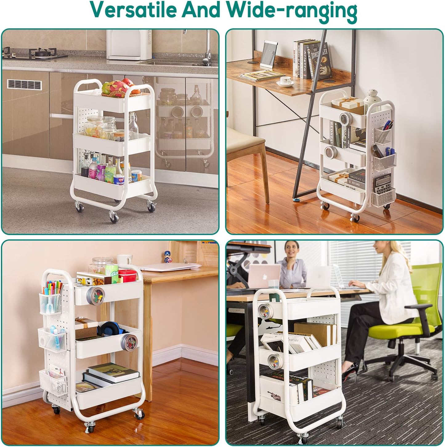 DESIGNA 3-Tier Metal Rolling Utility Cart with Handle & Removable Pegboard, Extra Office Storage Accessories Craft Art Carts, White: Home & Kitchen