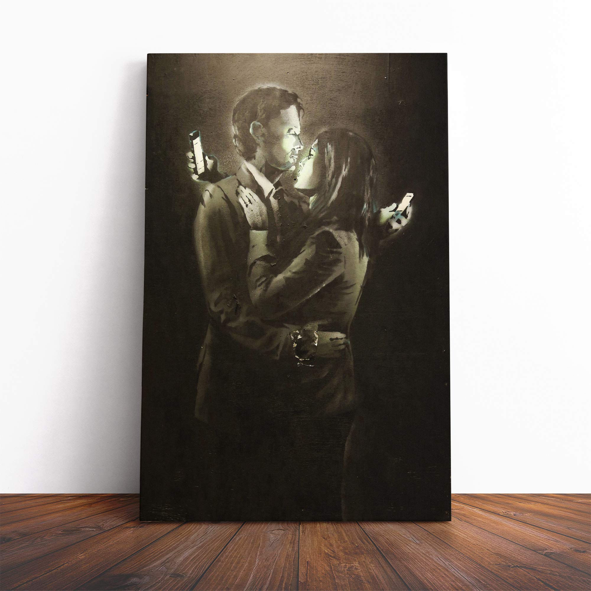 Banksy Mobile Lovers Brown Wall Graffiti Art Canvas Print | Gallery Wrapped 30mm Frame Wall Decor | 20x14 inches | Ready to Hang | Pop Art Picture | Living Room Bedroom Lounge Office
