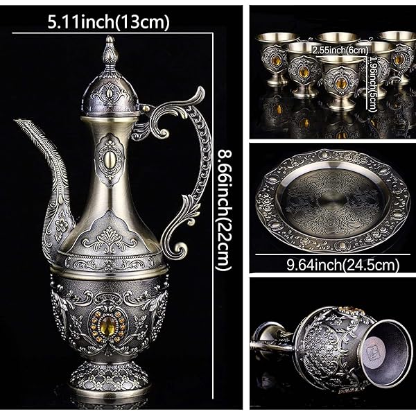 VINTAGE TURKISH COFFEE POT AND CUPS SET,TEA SERVICE SET INCLUDING TEAPOT,TEA TRAY AND METAL CUPS FOR WINE CABINET DECOR,WEDDING ORNAMENTS (BRONZE WITH YELLOW CRYSTAL)