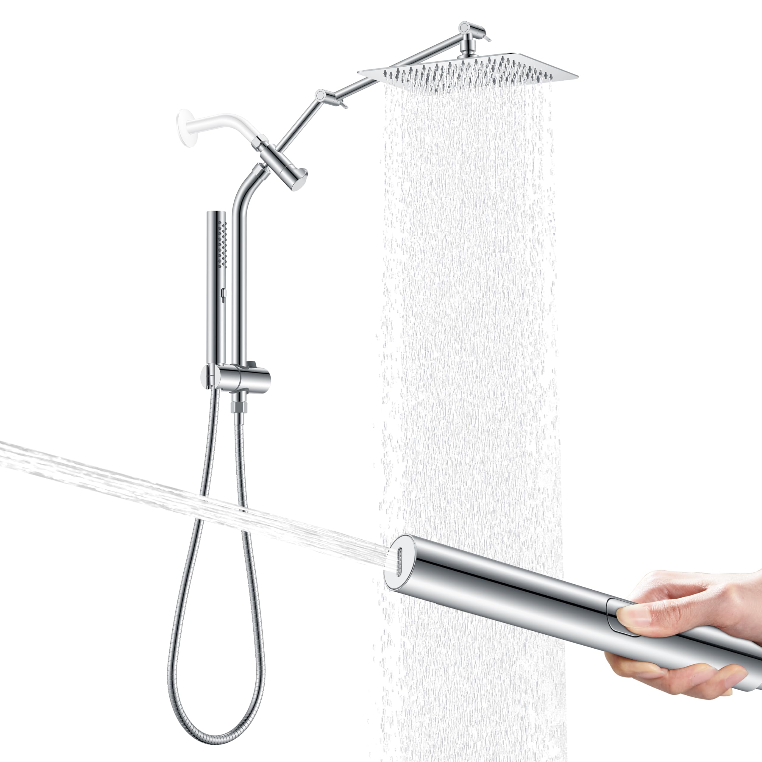 Photo 1 of KENES 10 Inch All Metal Rain Shower Head with Handheld Spray Combo, High Pressure Rainfall Shower Head wih Adjustable Extension Arm, Dual Showerhead Set with 60" Shower Hose, Chrome, Silver LJ-6060-5