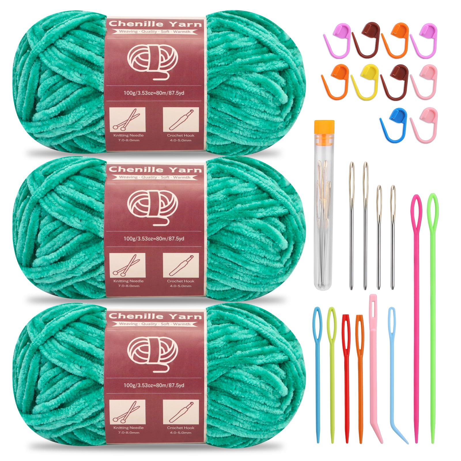 SUVSOON 3 * 100g Chenille Yarn, Velvet Yarn for Crocheting and Knitting with Needles Stitch Marker Handcrafts Weaving Soft Chenille Yarns for Blankets, Clothes, Pattern Knitting(Jade Green) — image 1