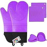 Silicone Oven Mitts and Pot Holders Sets, MTZRFLL Extra Long Heat Resistant Oven Gloves with Hot Pads and Mini Oven Mits Set for Kitchen Cooking Baking, Soft Quilted Lining, Pack of 6 (Purple)