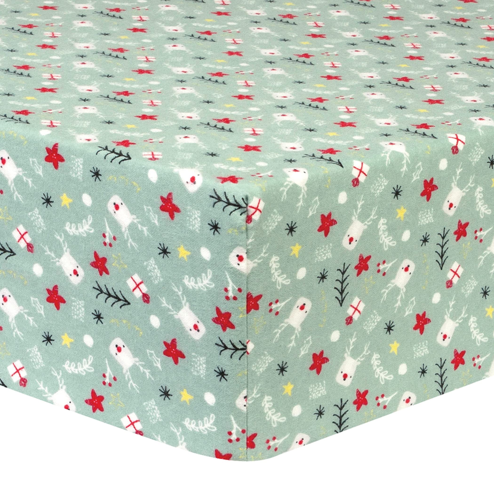Reindeer Gifts Deluxe Flannel Fitted Crib Sheet-Reindeer Holiday Scatter Print, Red, Gray, Greens, Gold, White, Fully Elasticized, 10 in Deep Pockets, Fits Standard Crib Mattress 28 in x 52 in