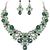 BriLove Women's Costume Elegant Crystal Flower Scroll Teardrop Statement Necklace Dangle Earrings Set for Wedding Party Prom Accessories