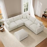 Cloud Couch for Living Room, 6-Seater Modular Sectional Sofa with Ottoman, Convertible Down Filled Modular Cloud Sofa, Removable Cushion Covers, Linen Blend Fabric, Cream White