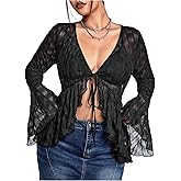 Floerns Women's Plus Size Flare Sleeve Tie Front Tops Ruffle Hem V Neck Tee Shirts