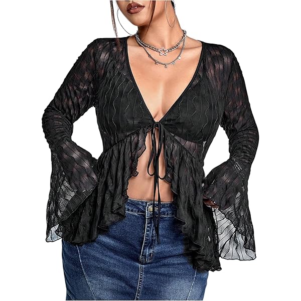 OYOANGLE Women's Tie Front Crop Top Textured Flared Long Sleeve