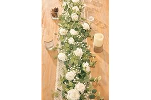Anna's Whimsy 5.91FT Artificial Eucalyptus Garland with Flowers, Fake Flower Rose Gypsophila, Faux Floral Greenery Garland for Wedding Spring Home Party Craft Art Table Runner Decor