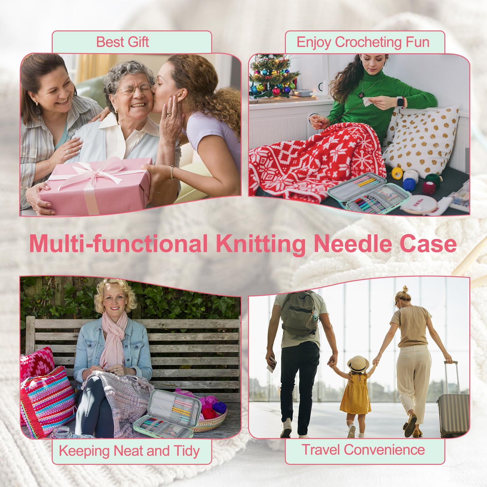 Katech Knitting Needles Case Empty Zipper Bags Organizer Portable Travel Crochet Hooks Storage Bag with Web Pocket and Holder Slots for Carrying Various Crochet Needles and Knitting Accessories