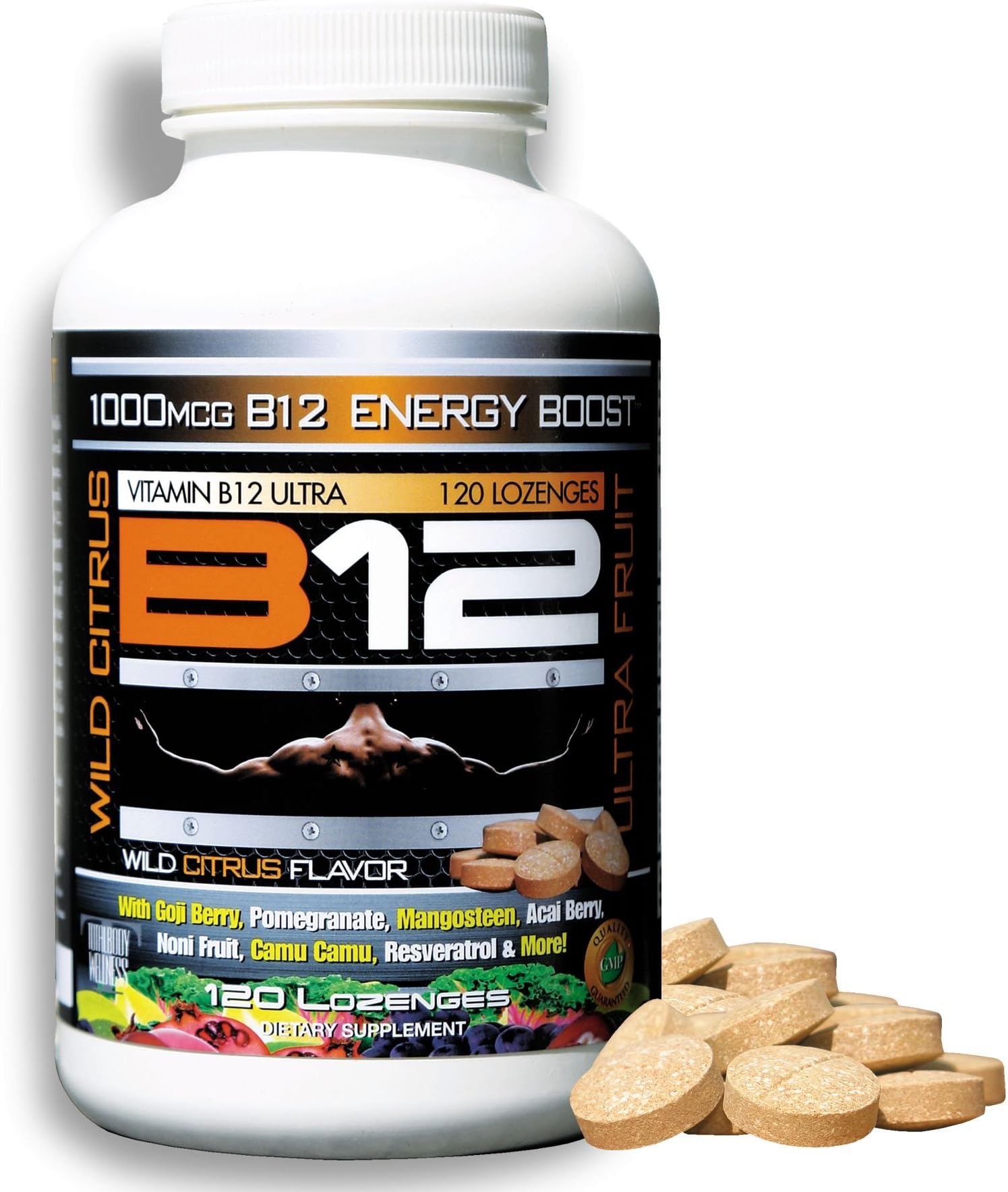 Vitamin B12 Complex Sublingual Lozenges by Total Body Wellness - Wild Citrus Flavor, with Energy Boost Super-Fruit Extracts of Goji and Acai Berry, Noni Fruit, Mangosteen, Pomegranate and Resveratrol