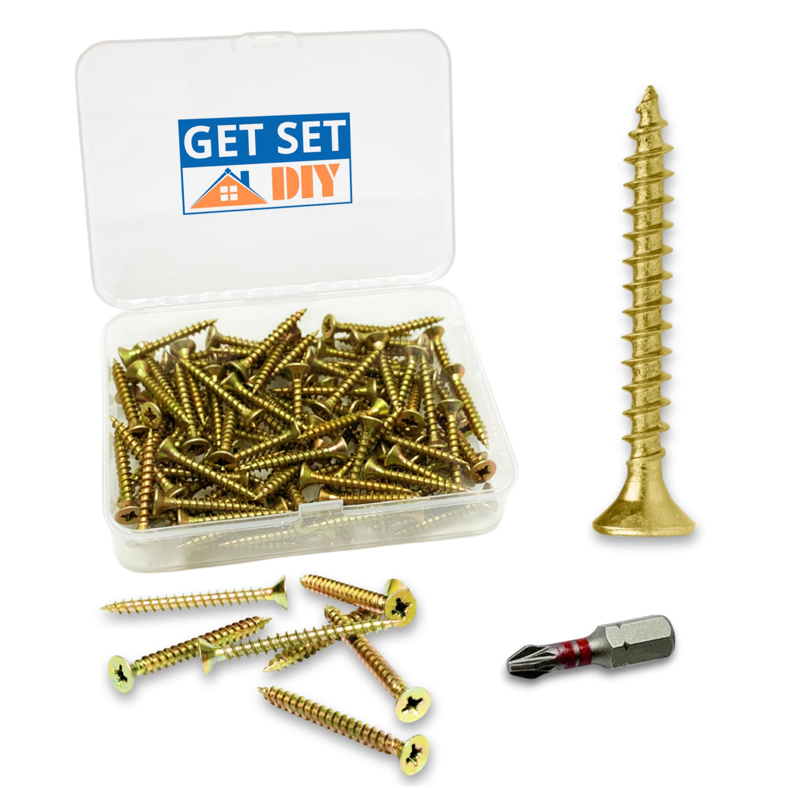 Wood Screws 30mm - Zinc Galvanised 4.0 x 30mm Screws (100 pcs) With Pozi Drill Bit - Multi-Purpose Countersunk Gold Screws For Wood in a Handy Storage Case