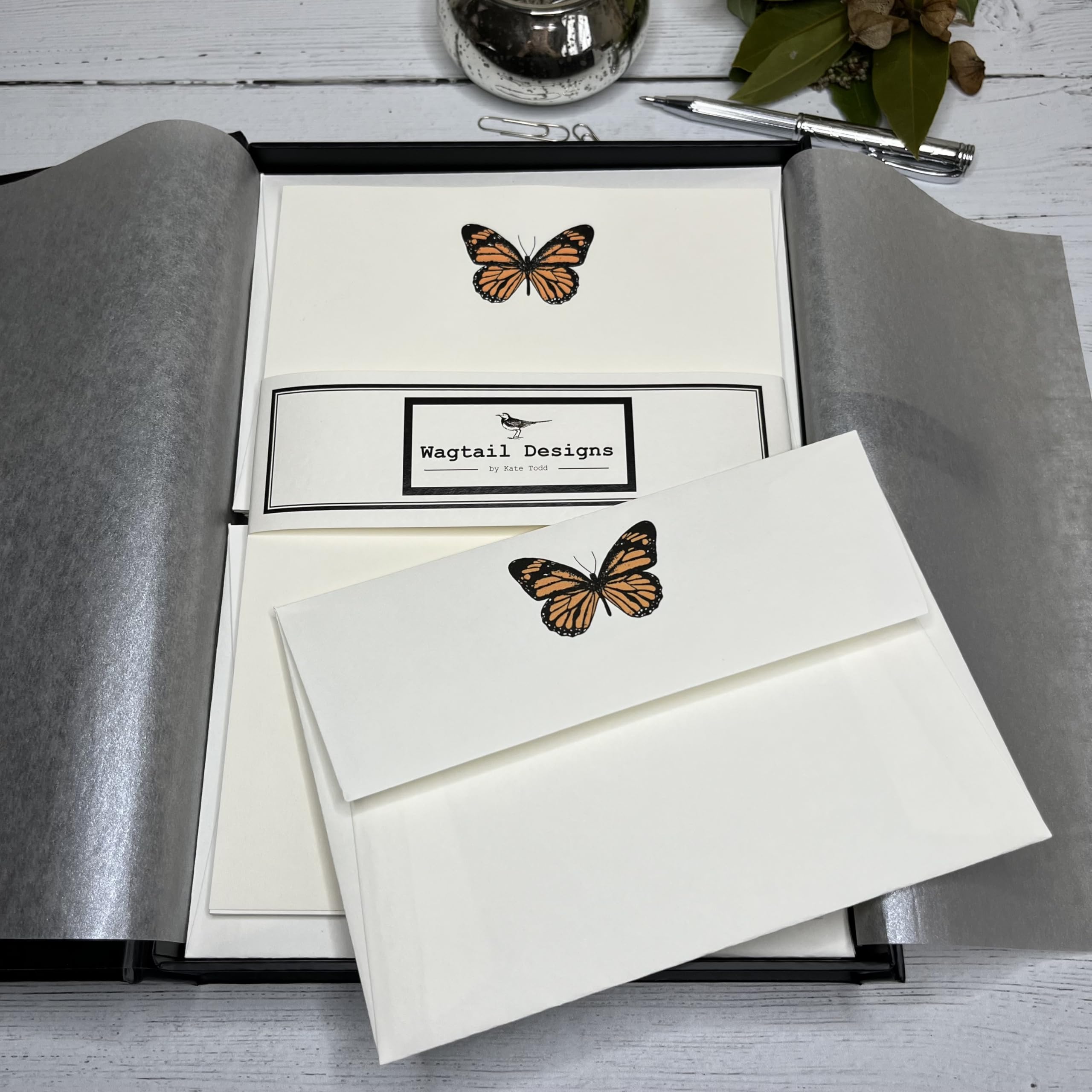 Wagtail Designs Writing Paper Gift Set with Butterfly (Orange) Design in a Lovely Black Box with Ribbon (18)