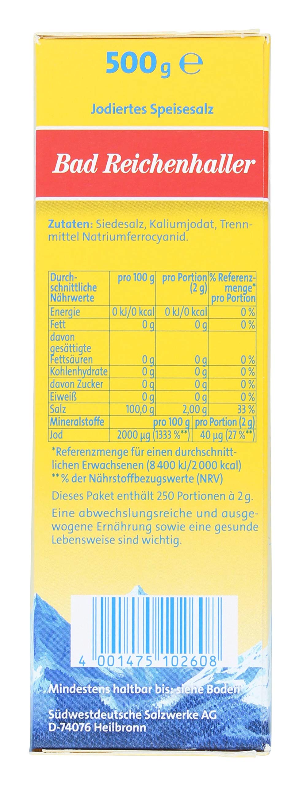 Bad Reichenhaller Marken JodSalz Reines Alpensalz aus Natursole, 500 gramm, Die Verpackung kann variieren 2