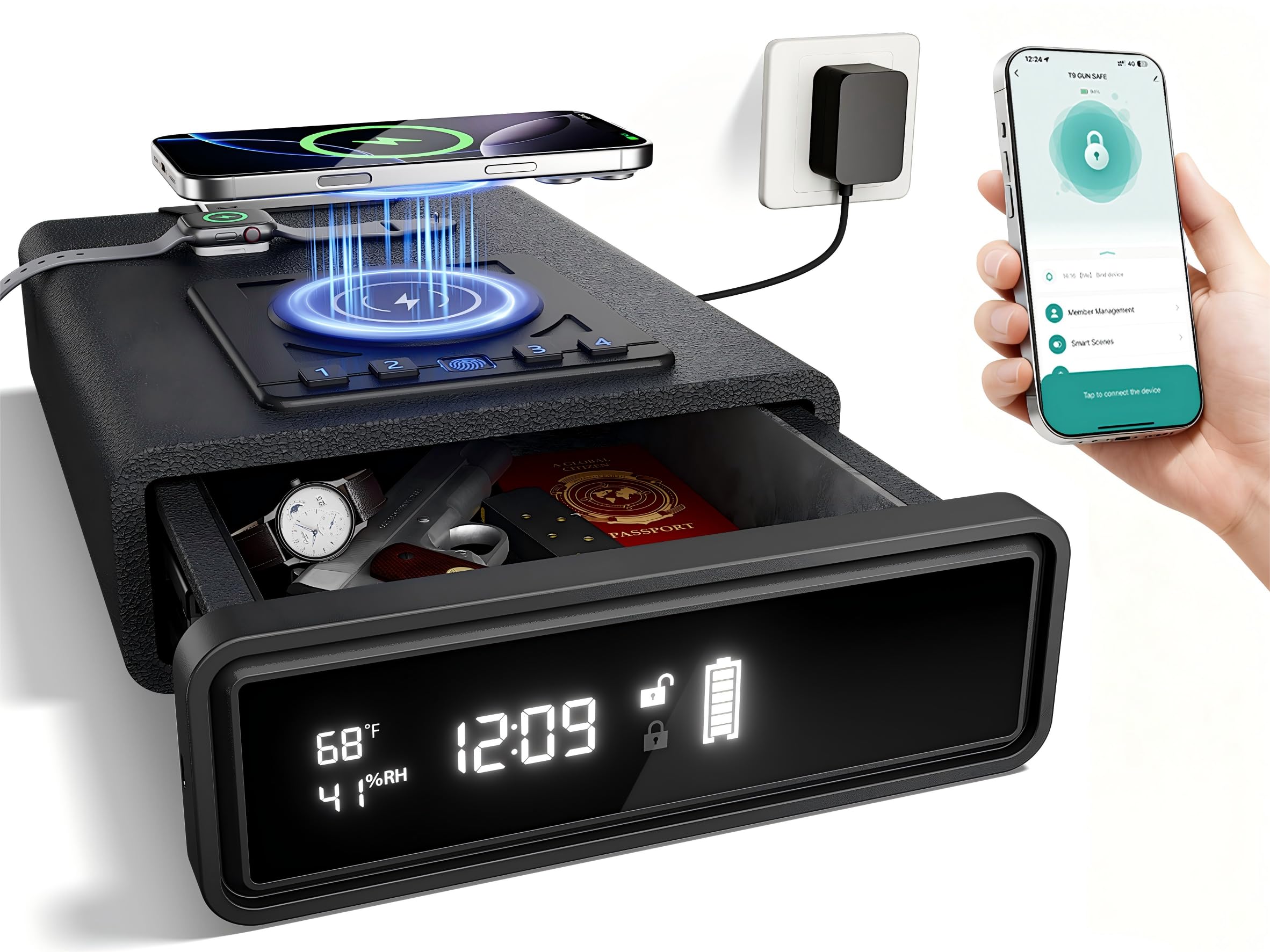 ORARAER Smart Biometric Gun Safe with Wireless Charging (Phone/Watch), Bluetooth App Control, 4 Unlock Methods, Bedside Drawer Safe LED Display with Humidity & Temp Monitoring, Stopbox for Valuables Image
