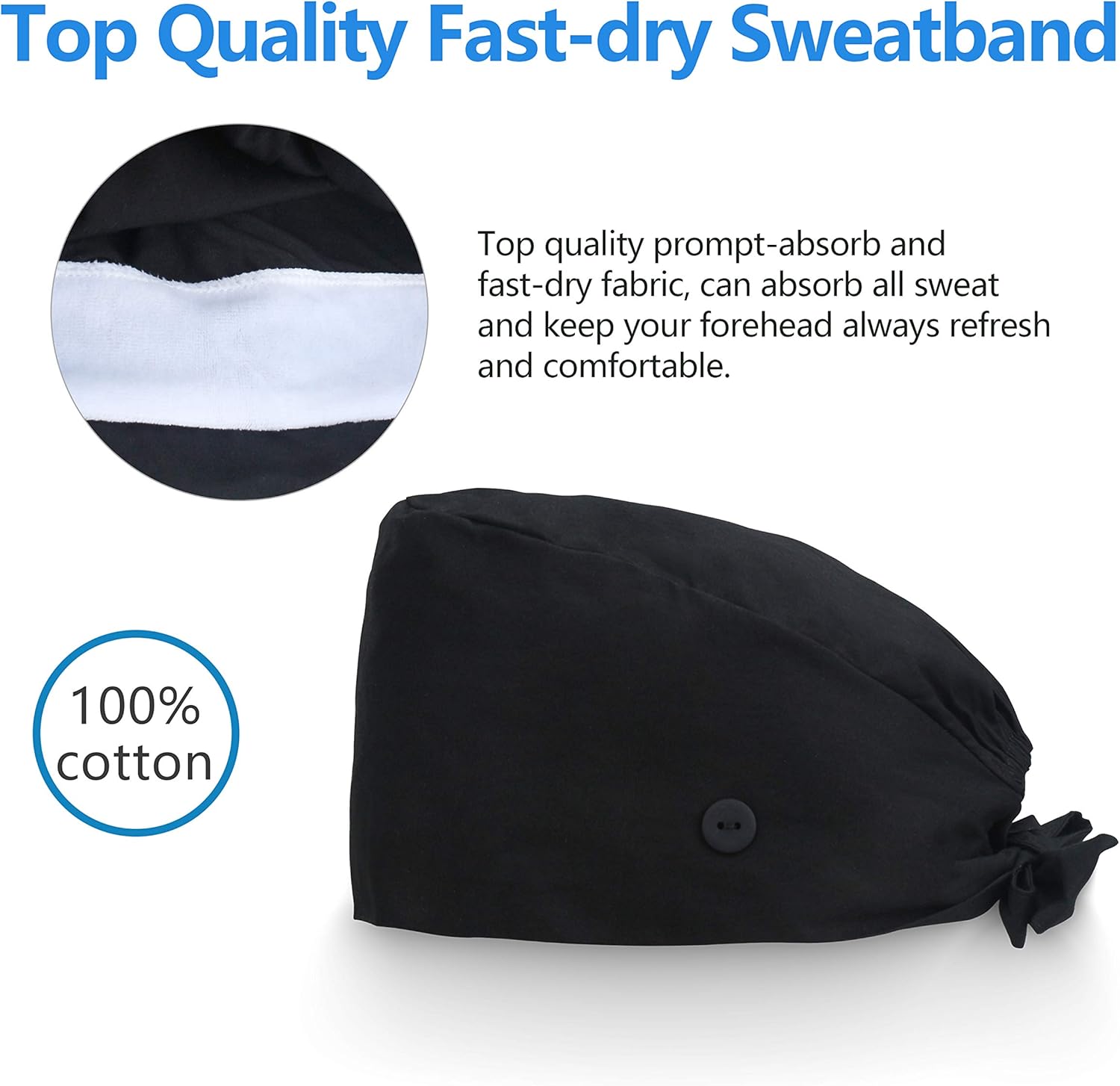 QBA Adjustable Working Cap with Button, Cotton Working Hat Sweatband, Elastic Bandage Tie Back Hats for Women & Men, One Size - Black: Clothing