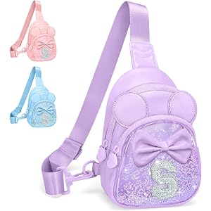 Bomvabe Glitter Initial Purse for Girls with Adjustable Strap 24"-41", Trendy Stuff Birthday Gift for 4-12-year-old Girls, Pe