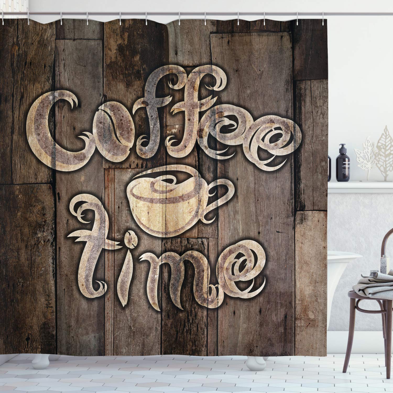 ABAKUHAUS Modern Shower Curtain, Coffee Time Phrase with a Cup on a Wooden Grunge Background Kitchen Image, Fabric Bathroom Decor Set with Hooks, 78" Inches, Umber cream cocoa