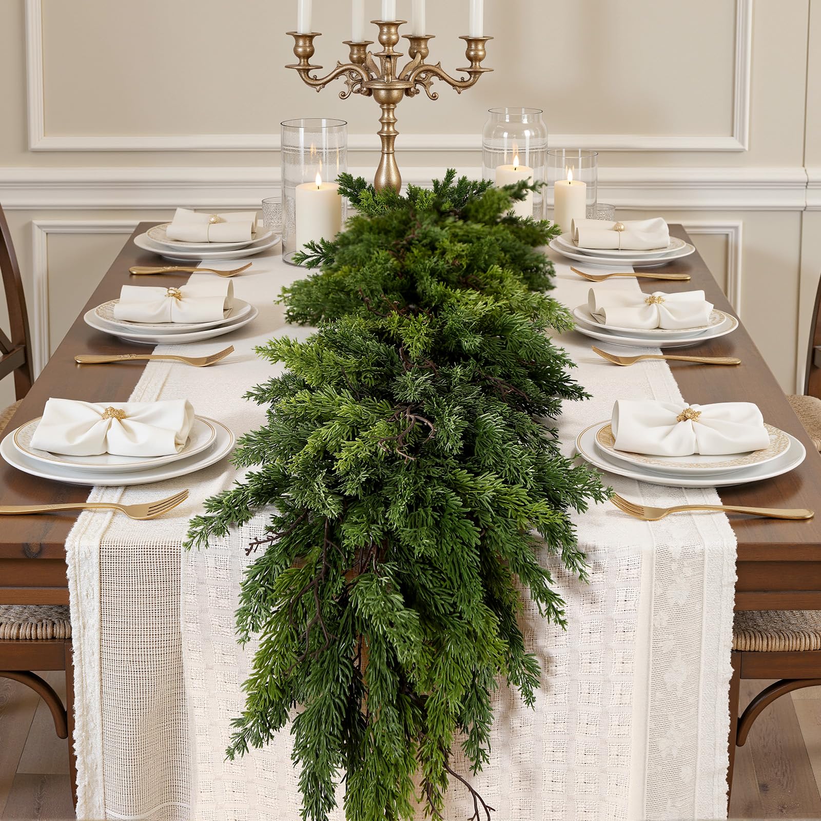 Photo 1 of 6FT Artificial Christmas Garland, Cedar Garland -Real Touch Greenery Cypress Pine Garland for Mantle Table Railing Fireplace Indoor & Outdoor Christmas Decorations