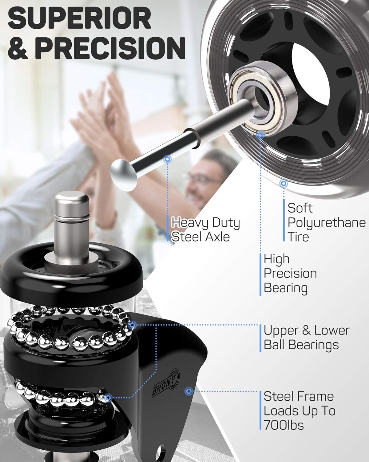 Office Chair Wheels Set of 5, BHONY 3" Swivel Caster Wheels Replacement, Heavy Duty Soft PU Stem Casters for All Floors and Carpets Including Hardwood : Office Products