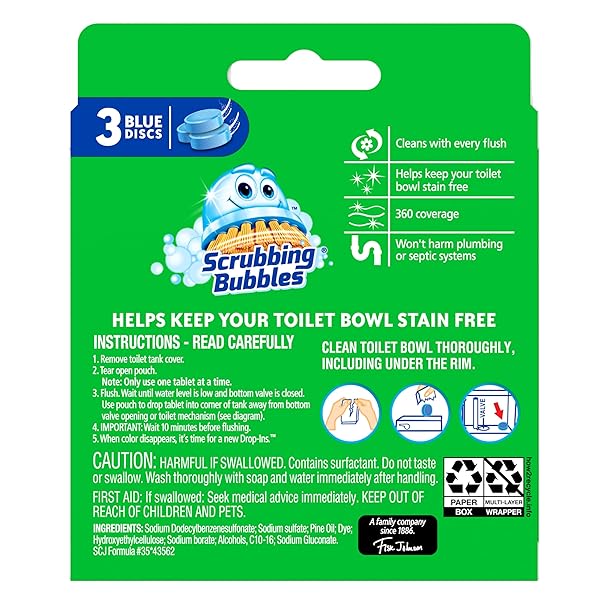 SCRUBBING BUBBLES CONTINUOUS CLEAN DROP-INS TOILET CLEANER TABLET, REPELS TOUGH HARD WATER AND LIMESCALE STAINS, BLUE DISCS, 4.23 OZ, 3CT